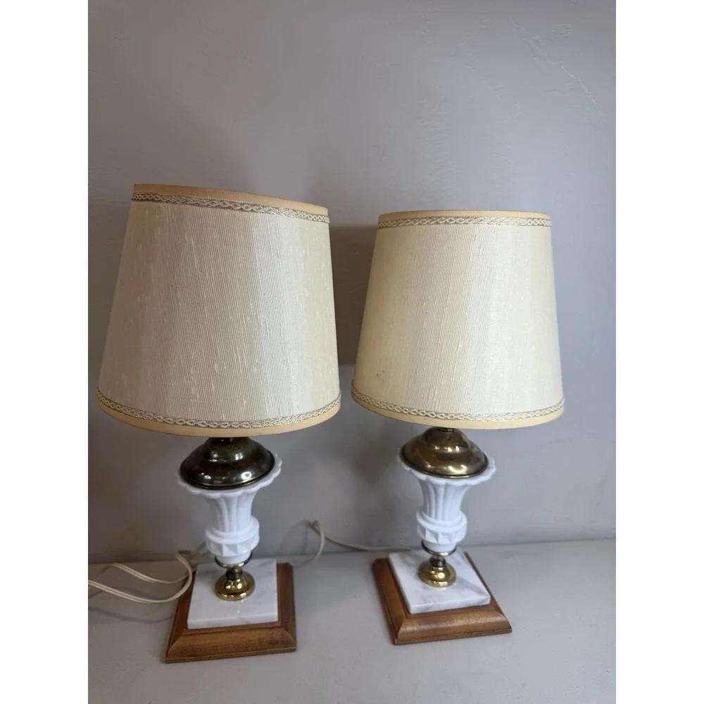Vintage Milk Glass Brass Urn Table Lamps Marble Wood Base Mid Century Set